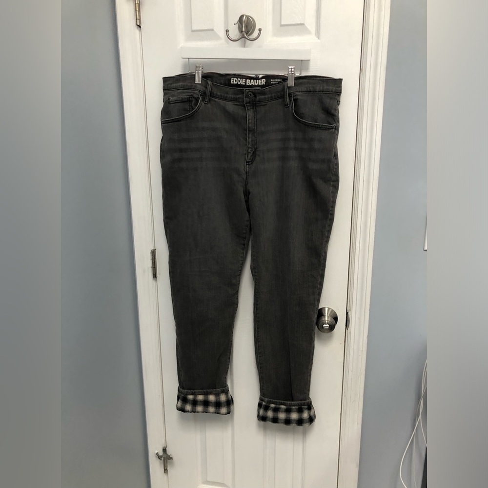 Eddie Bauer Womens Boyfriend Flannel Lined Jeans Gray Size 18 Plaid Denim